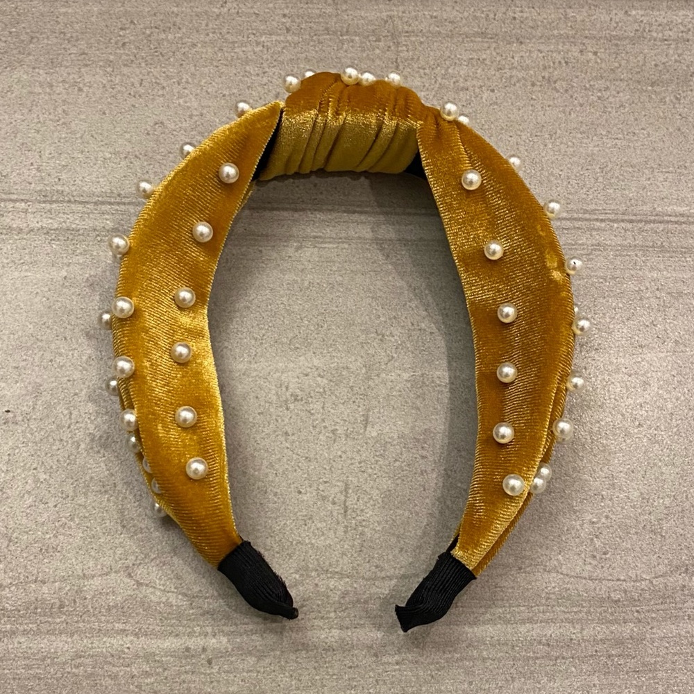 Brand New Gold Tone Velvet Head Band with White Pearl Details